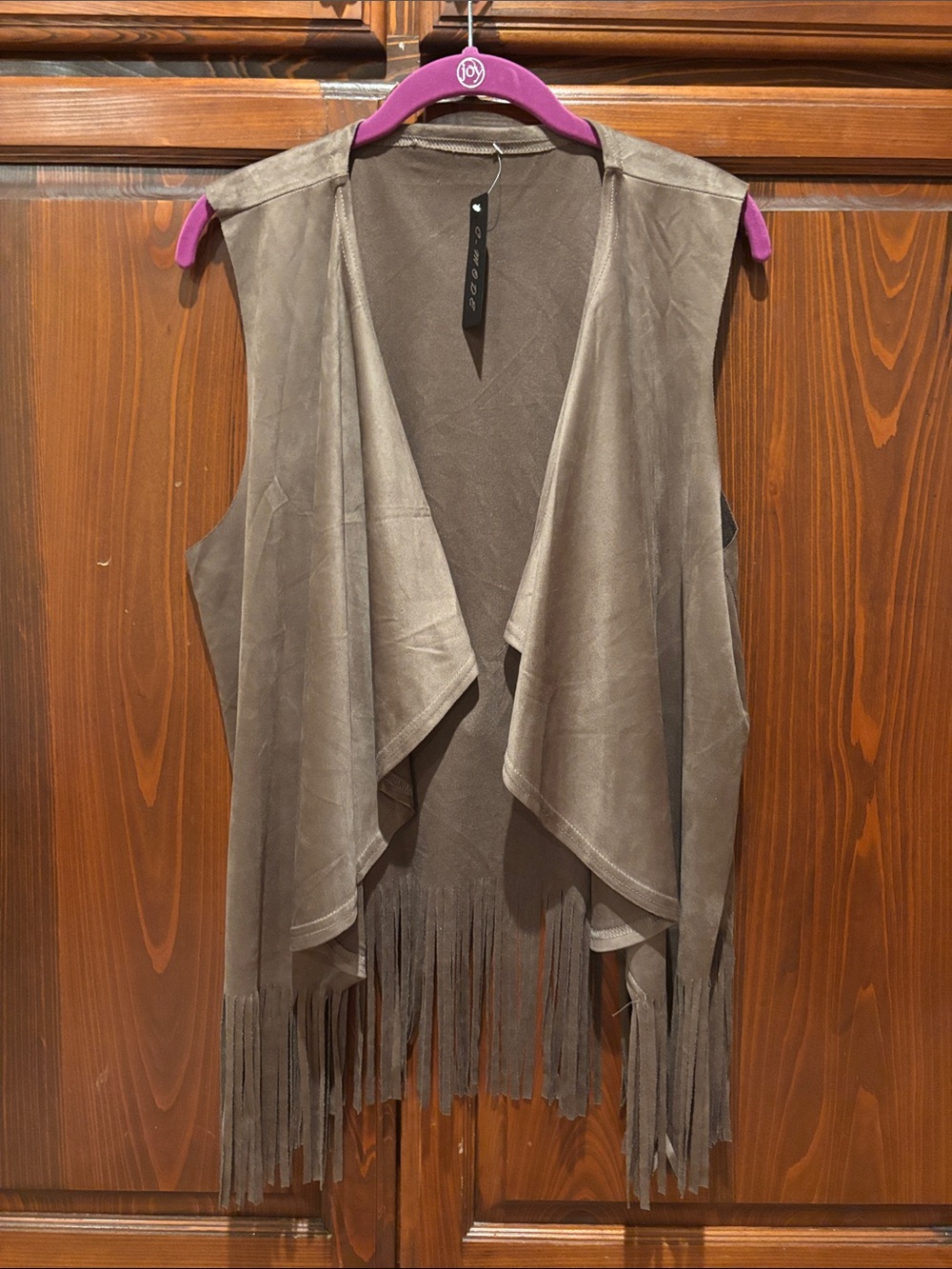 Fringed Suede-Look Open Vest in Taupe — Women’s Vest
